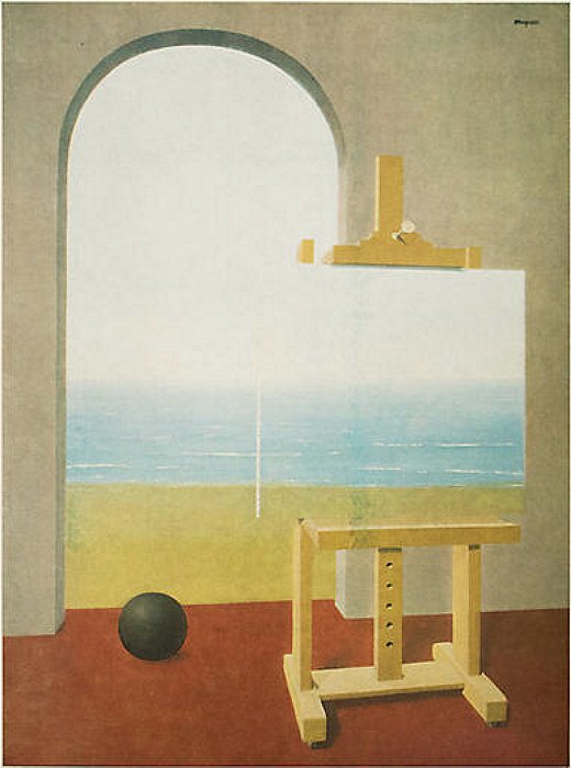 The Human Condition II, 1935. In a letter discussing an earlier version of this painting, Magritte wrote, “There is no implied meaning in my paintings, despite the confusion that attributes symbolic meaning to my painting. How can anyone enjoy interpreting symbols? They are ‘substitutes’ that are only useful to a mind that is incapable of knowing the things themselves.”
